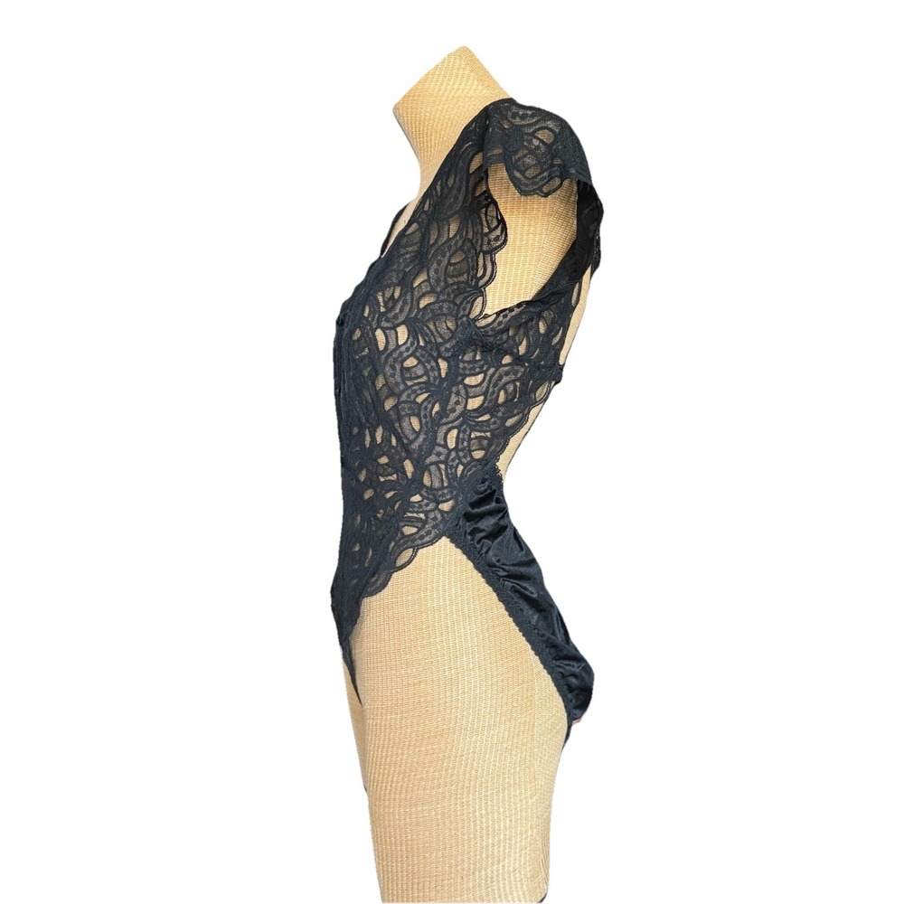 VTG Bodysuit Lingerie Teddy ByDELICATES Black Lace Short Sleeve Backless Large - Picture 2 of 6